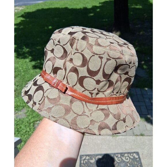 Coach Bucket Hat Leather Band Bow CC Monogram Signature Pattern Brown & Tan S/P - Picture 1 of 7